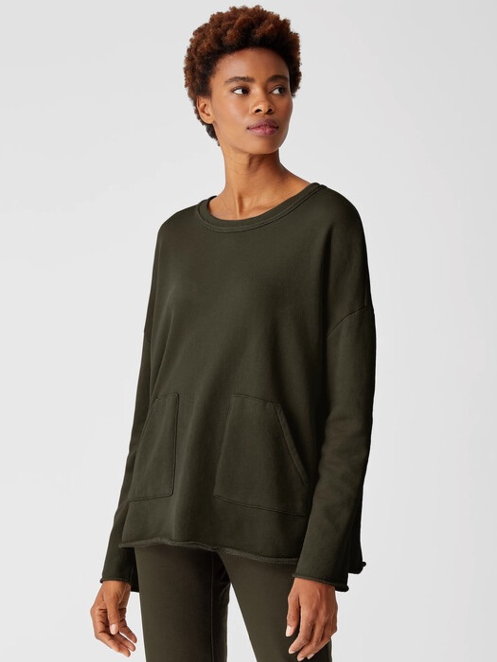 Olive Green Women's Pullover Top with Front Pockets Organic Cotton